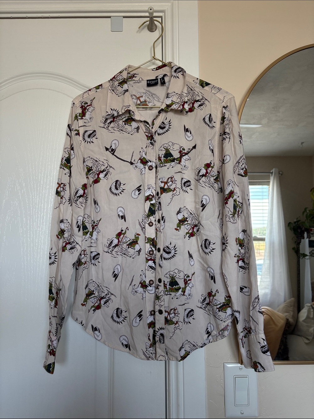 Printed Pearl Snap Shirt in Cream with Green & Red Accents
